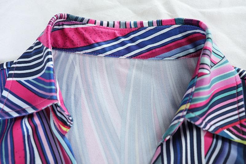 Abstract Stripe Print Point Collar Plunging V-Neck Lace Panel Mini Dress
