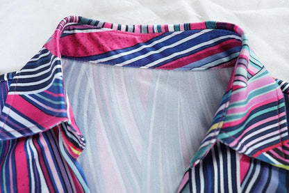 Abstract Stripe Print Point Collar Plunging V-Neck Lace Panel Mini Dress
