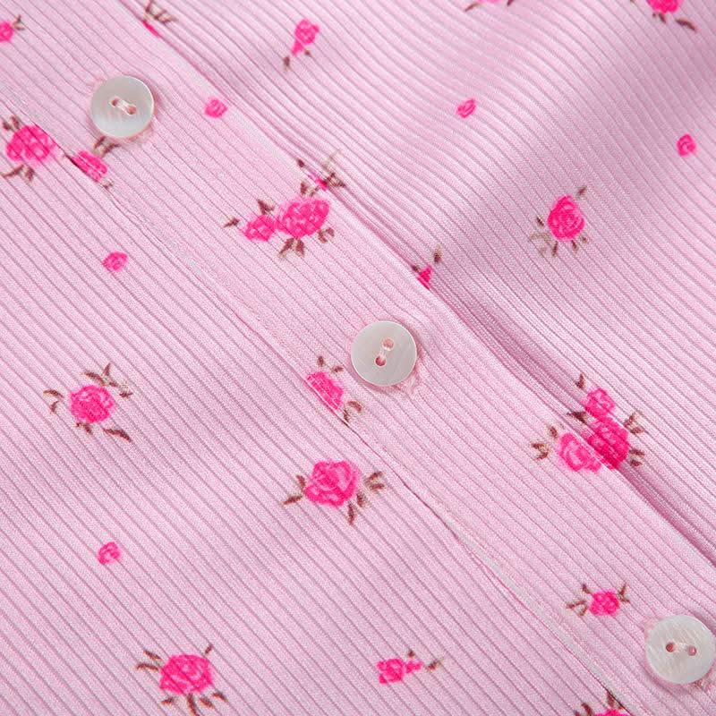 Long sleeve crewneck button flower print romper