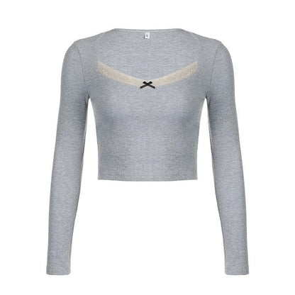 Ribbed lace hem long sleeve contrast v neck crop top