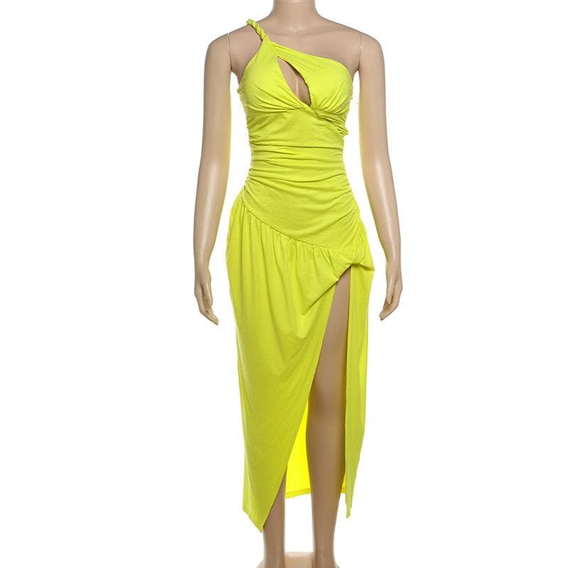 One shoulder slit ruched hollow out cut out midi dress