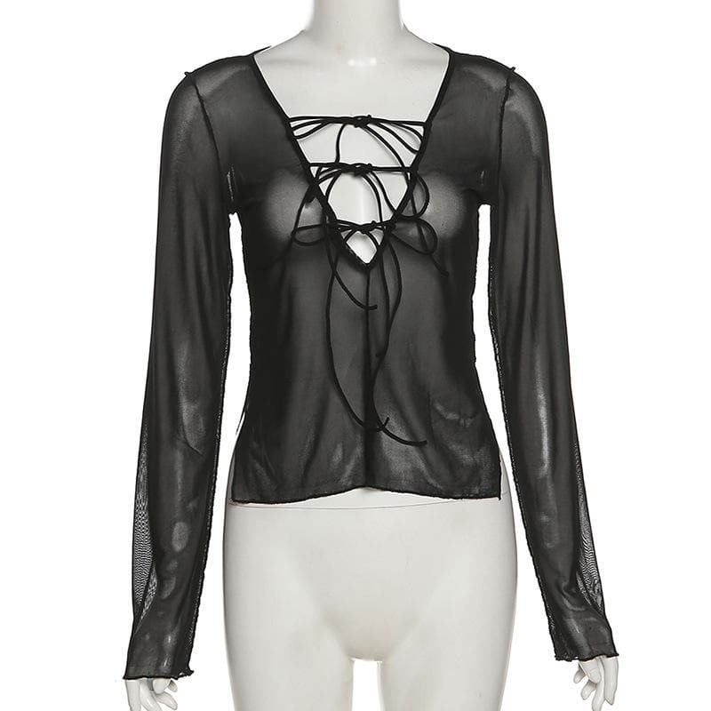 Long sleeve v neck sheer mesh self tie slit top