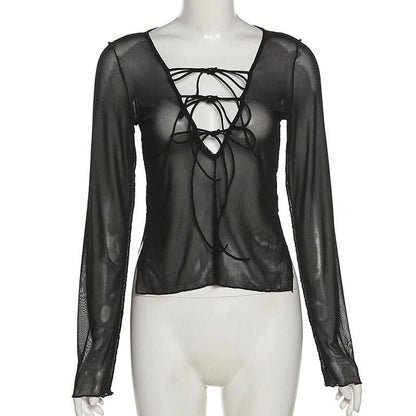 Long sleeve v neck sheer mesh self tie slit top