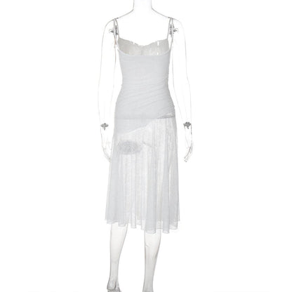 Lace ruched see through cami midi dress