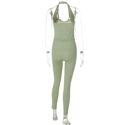 Halter u neck solid backless pant set