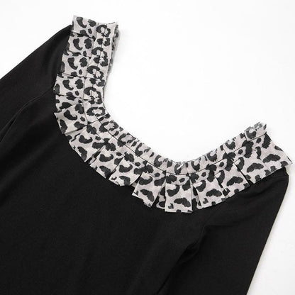Long sleeve u neck leopard print patchwork top