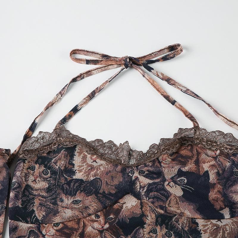 Halter gloves cat print lace hem top