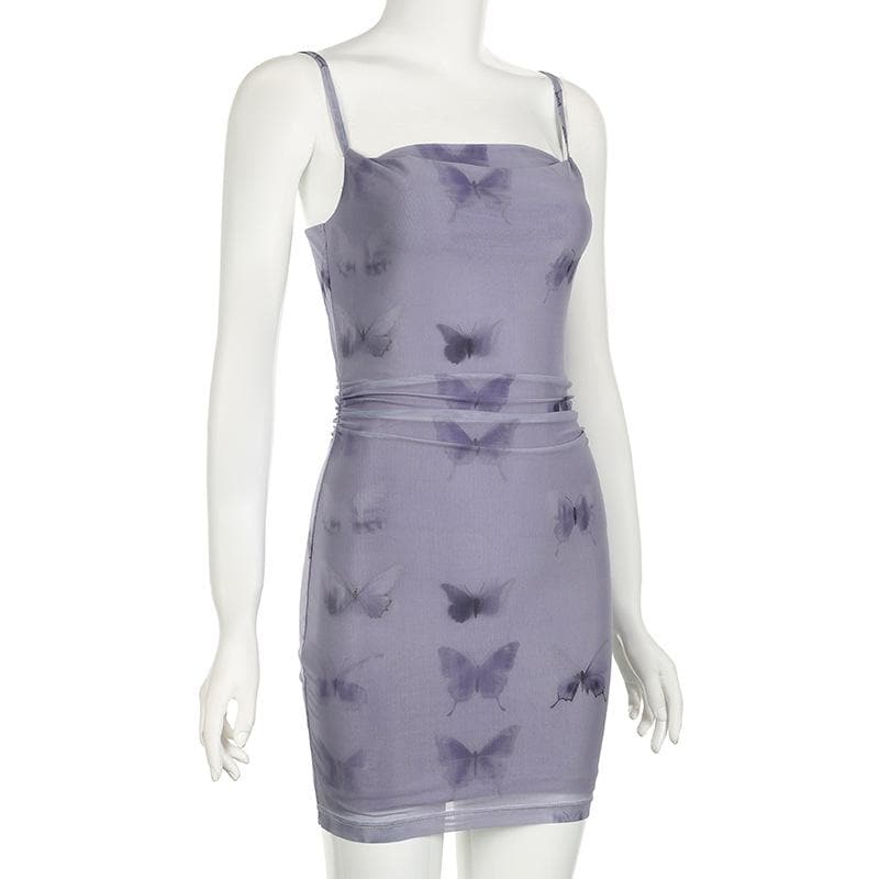Butterfly print cowl neck ruched mesh cami mini dress
