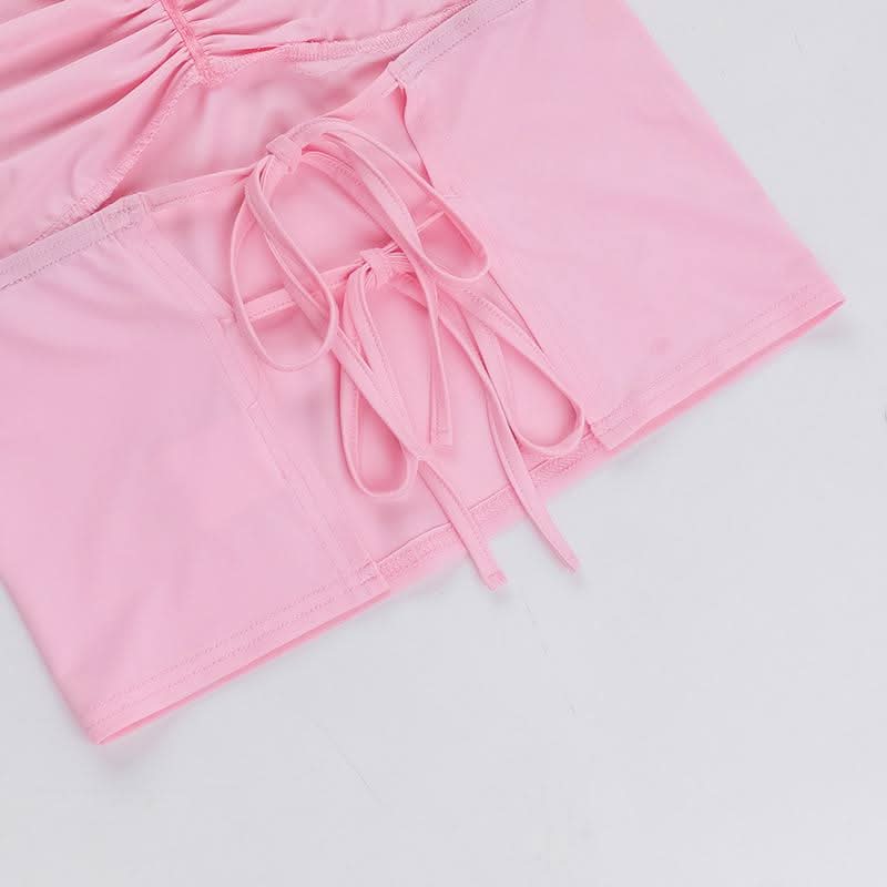 Halter self tie lace v neck ruched backless top