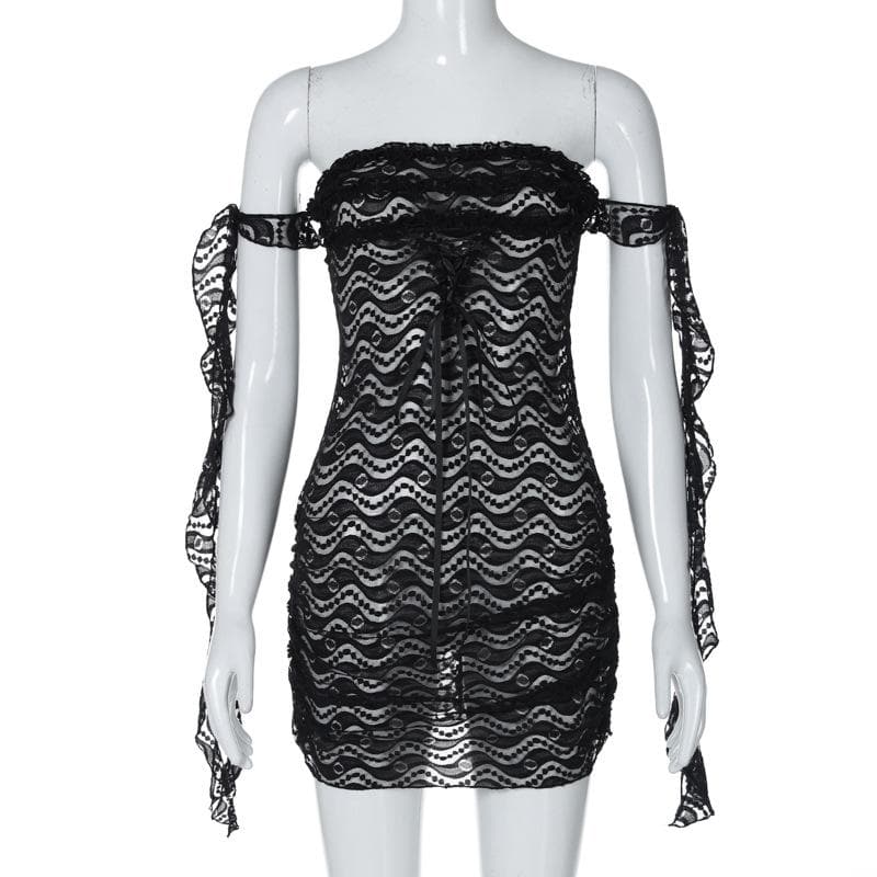 Off shoulder ruffle lace bowknot see through mini dress