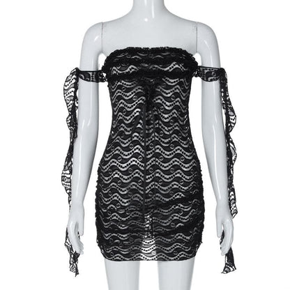 Off shoulder ruffle lace bowknot see through mini dress
