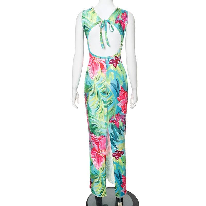 Print stitch backless hollow out tank cut out maxi dress