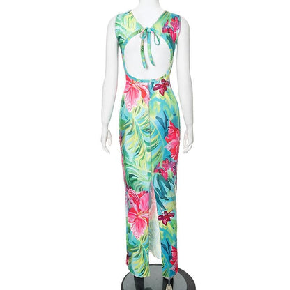 Print stitch backless hollow out tank cut out maxi dress