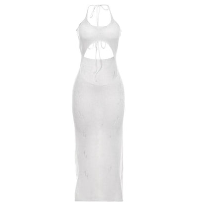 Self tie halter hollow out see through knitted cut out maxi dress