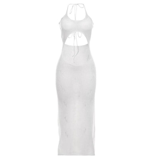 Self tie halter hollow out see through knitted cut out maxi dress