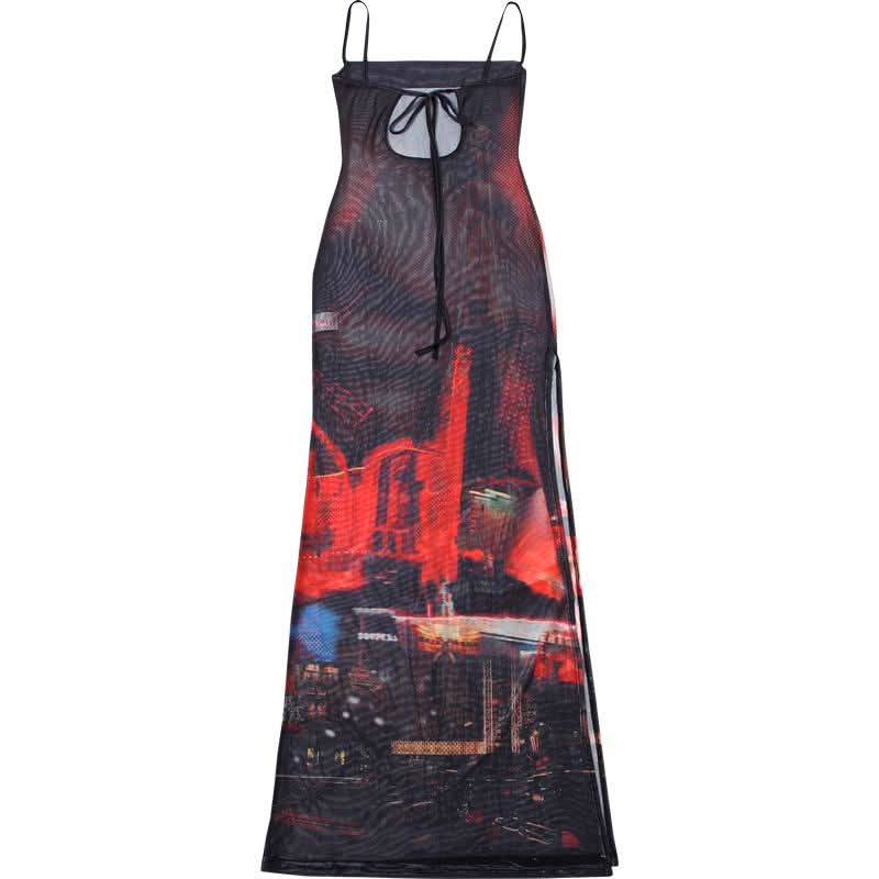 Abstract mesh high slit cami maxi dress