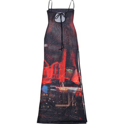 Abstract mesh high slit cami maxi dress