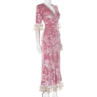 Lace hem v neck flower print velvet maxi dress