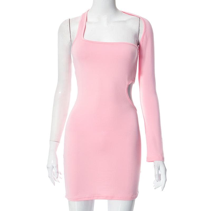 One Shoulder Long Sleeve Waist Cutout Bodycon Mini Dress