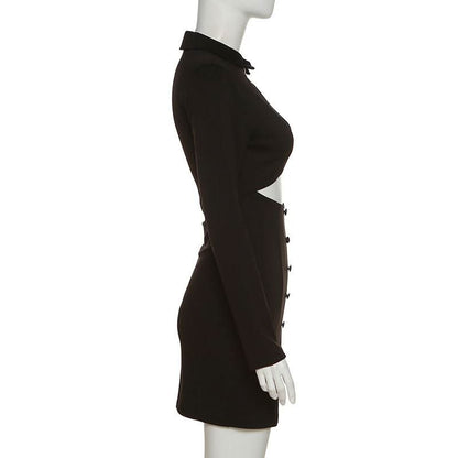 Long sleeve turnover collar button hollow out cut out mini dress