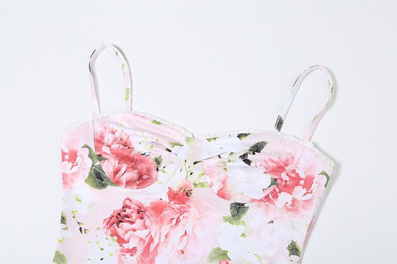 Print lace hem sweetheart neck slit cami maxi dress