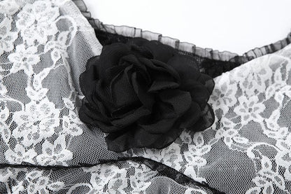 Lace patchwork flower applique ruffle cami top