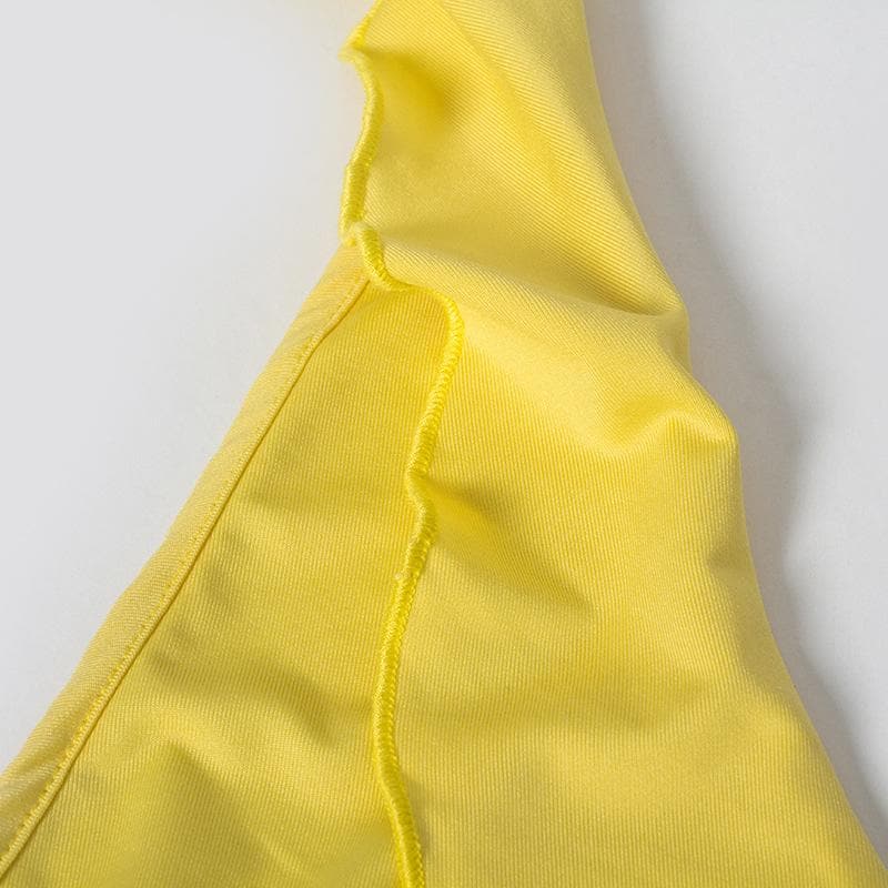 Self tie halter ruffle ruched v neck ribbon backless mini dress