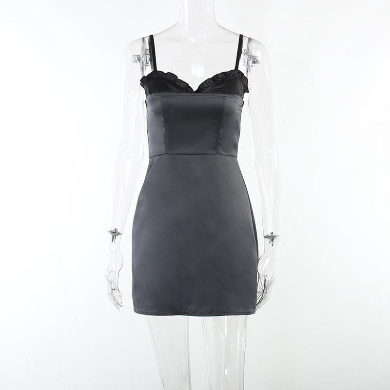 Sweetheart Ruffle Trim Zip Up Backless Satin Cami Mini Dress