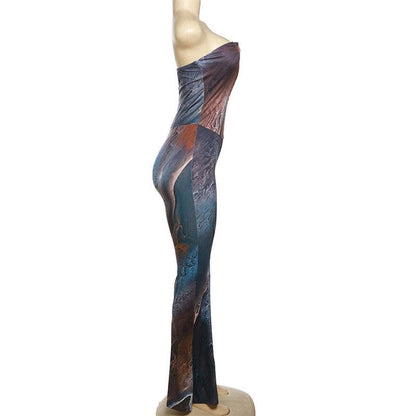 Print abstract notch neck tube jumpsuit