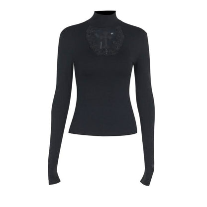 Long sleeve high neck cross pattern solid top
