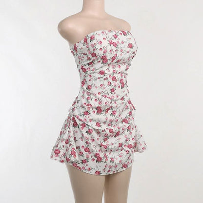 Flower print backless tube mini dress