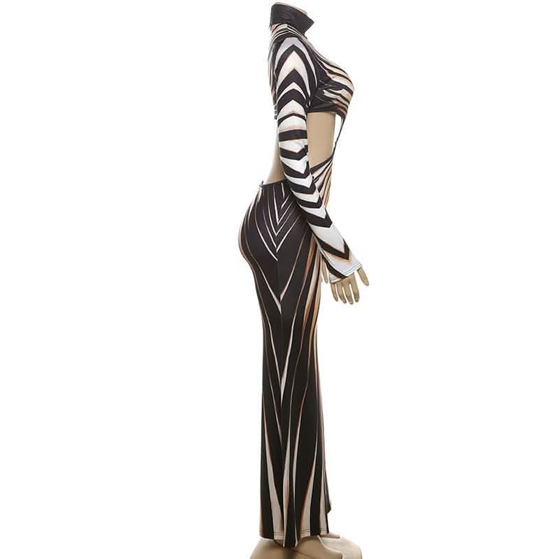 High neck long sleeve hollow out print contrast cut out maxi dress-final-sale