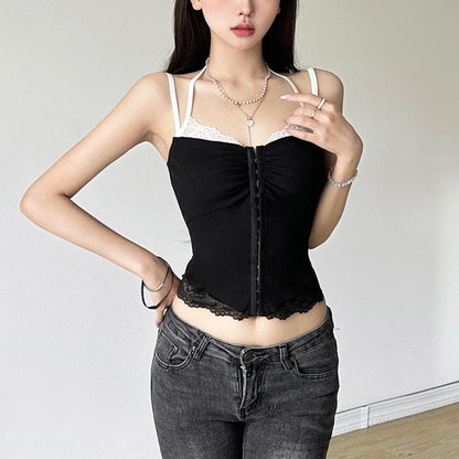 Halter lace hem button patchwork ribbed cami top