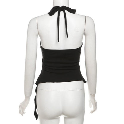 Halter buckle ruffle irregular ruched top