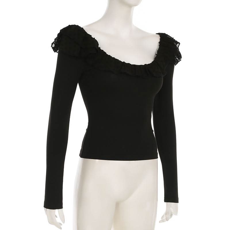 Long sleeve ruffle mesh patchwork top