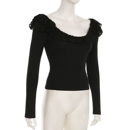 Long sleeve ruffle mesh patchwork top