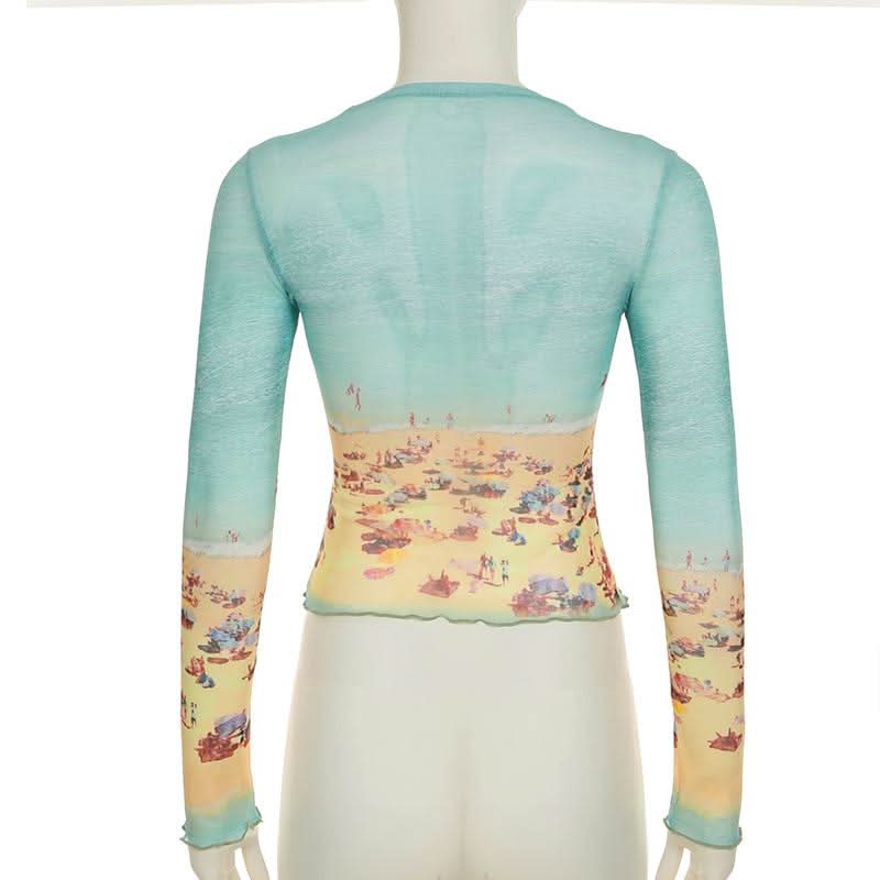 Long sleeve crewneck contrast mesh top