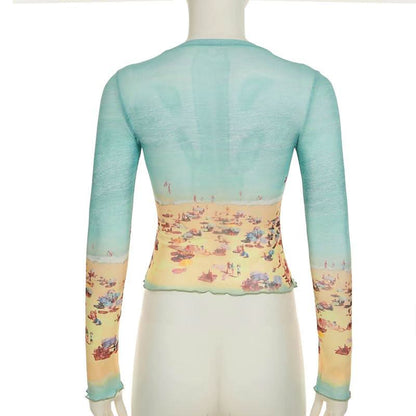 Long sleeve crewneck contrast mesh top