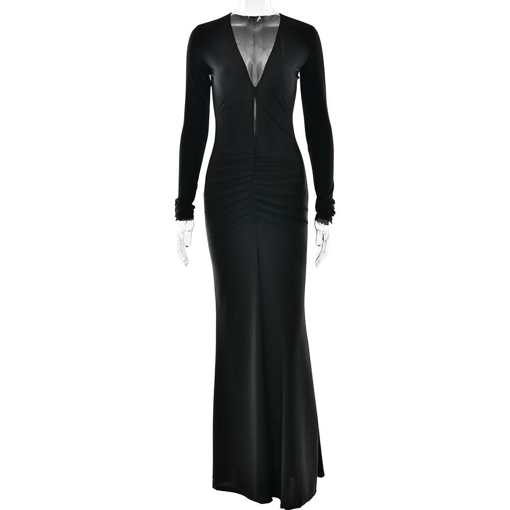 Long sleeve v neck ruched hollow out cut out maxi dress