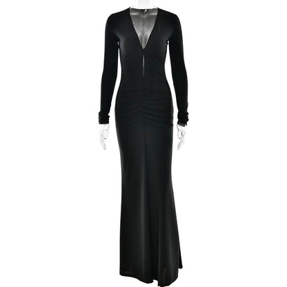 Long sleeve v neck ruched hollow out cut out maxi dress