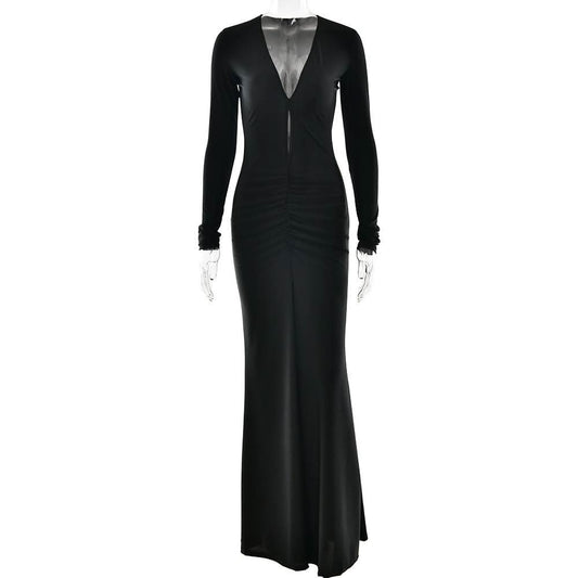 Long sleeve v neck ruched hollow out cut out maxi dress
