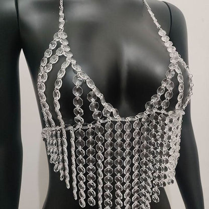 Halter crystal tassels beaded hollow out cut out top