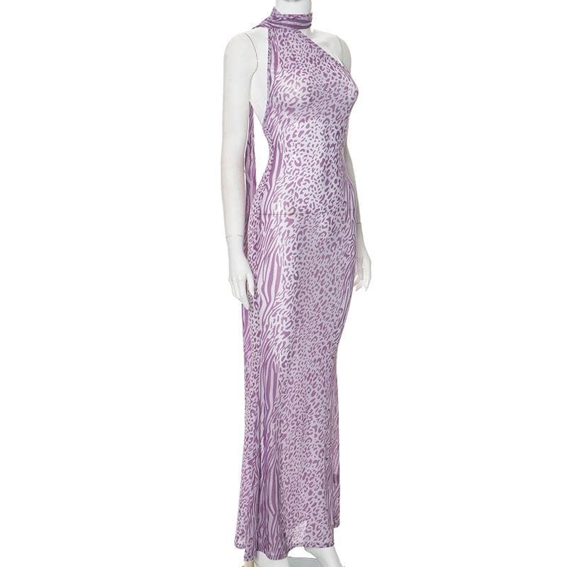 Halter leopard print sheer mesh backless maxi dress