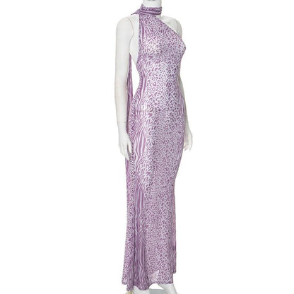 Halter leopard print sheer mesh backless maxi dress