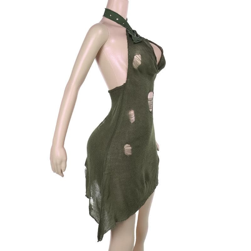 Halter cowl neck knitted buckle see through mini dress