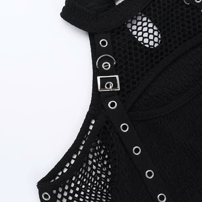 Off shoulder long sleeve fishnet patchwork buckle top