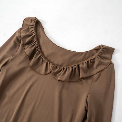 Long flared sleeve ruffle round neck ruched mini dress