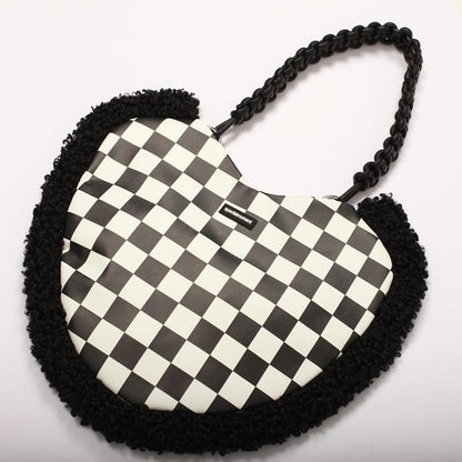 Heart fluffy contrast plaid shoulder handbag