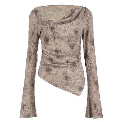 Long sleeve cowl neck ruched beaded top