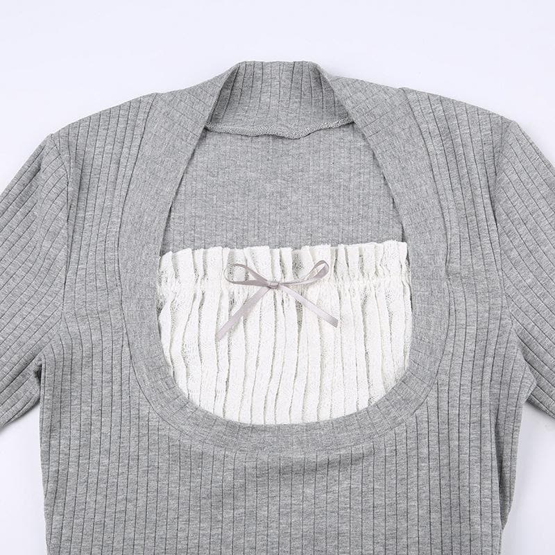 Ruched patchwork contrast long sleeve ruffle top